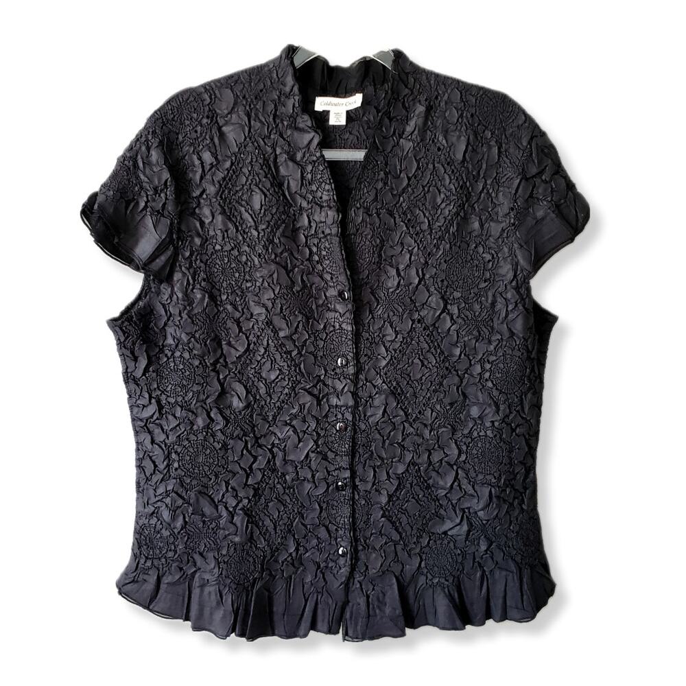 VTG Coldwater Creek Women Popcorn Pleat Top PL Black lightweight Career NEW